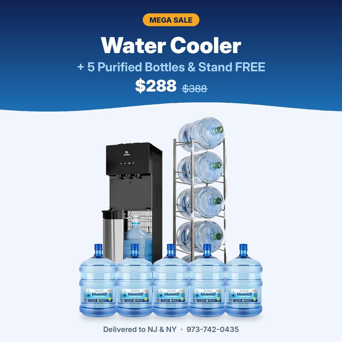 MEGA SALE: hot & cold water cooler + 5 Blue Star purified 5-gallon bottles and a bottle stand FREE, $288 (was $388), delivered in NJ & NY