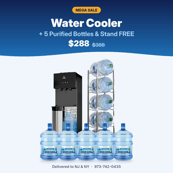 MEGA SALE: hot & cold water cooler + 5 Blue Star purified 5-gallon bottles and a bottle stand FREE, $288 (was $388), delivered in NJ & NY